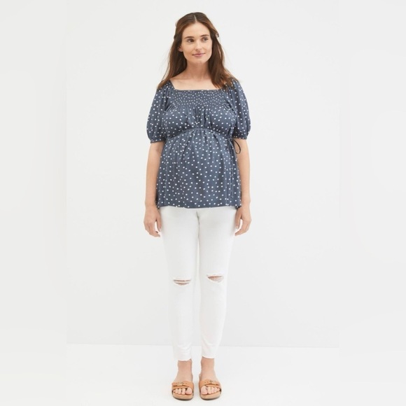NWT Jessica Simpson Polka Dot Maternity Smocked Peasant Top Blouse Size Small - Picture 1 of 10